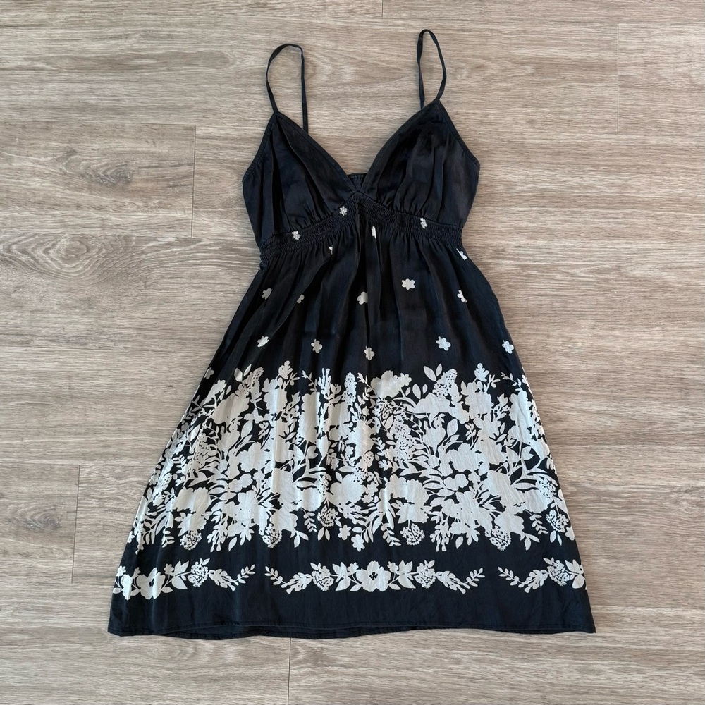 Express Vintage (Y2K) Black and Silver Silk Floral Mini Dress, Size XS